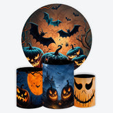 Aperturee - Aperturee Eerie Halloween Night Round Backdrop Kit with Glowing Jack-O-Lanterns Flying Bats and Haunted Castle Party Decor.