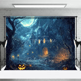 Aperturee - Aperturee Eerie Haunted Castle Full Moon Halloween Holiday Backdrop Spooky Jack-o-Lanterns and Dark Trees Decor
