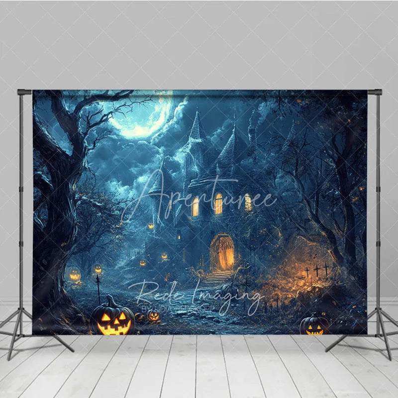 Aperturee - Aperturee Eerie Haunted Castle Full Moon Halloween Holiday Backdrop Spooky Jack-o-Lanterns and Dark Trees Decor