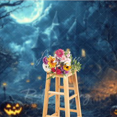 Aperturee - Aperturee Eerie Haunted Castle Full Moon Halloween Holiday Backdrop Spooky Jack-o-Lanterns and Dark Trees Decor