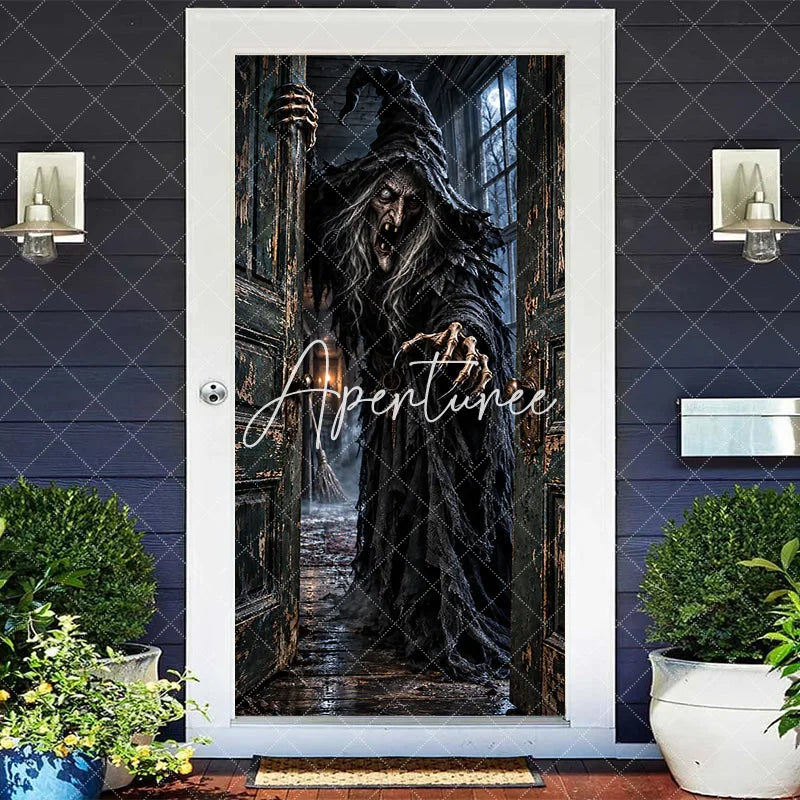 Aperturee - Aperturee Eerie Old Witch Haunted House Door Cover Spooky Halloween Party Decor with Full Moon and Distressed Door