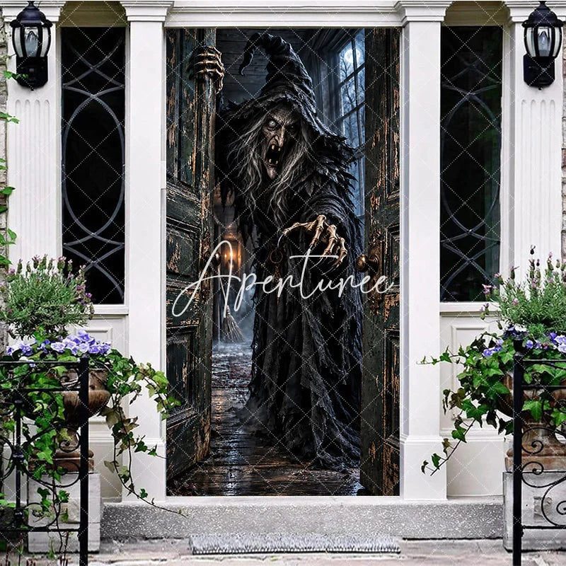 Aperturee - Aperturee Eerie Old Witch Haunted House Door Cover Spooky Halloween Party Decor with Full Moon and Distressed Door