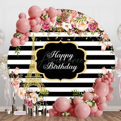 Aperturee - Aperturee Eiffel Tower Floral Stripe Round Birthday Backdrop
