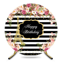 Aperturee - Aperturee Eiffel Tower Floral Stripe Round Birthday Backdrop