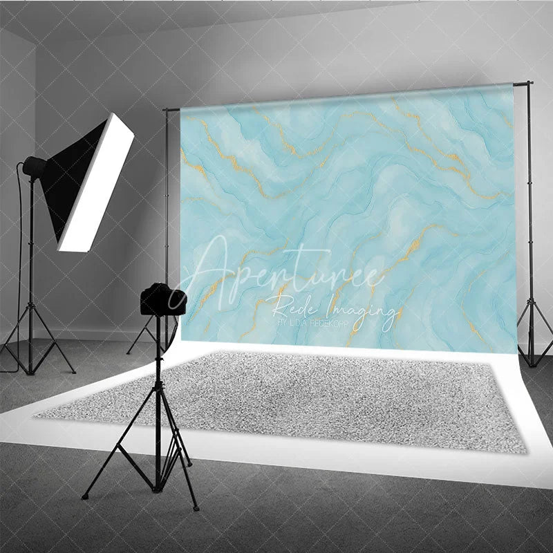 Aperturee - Aperturee Elegant Abstract Light Blue and Gold Watercolor Photography Backdrop Serene Fluid Marble Texture