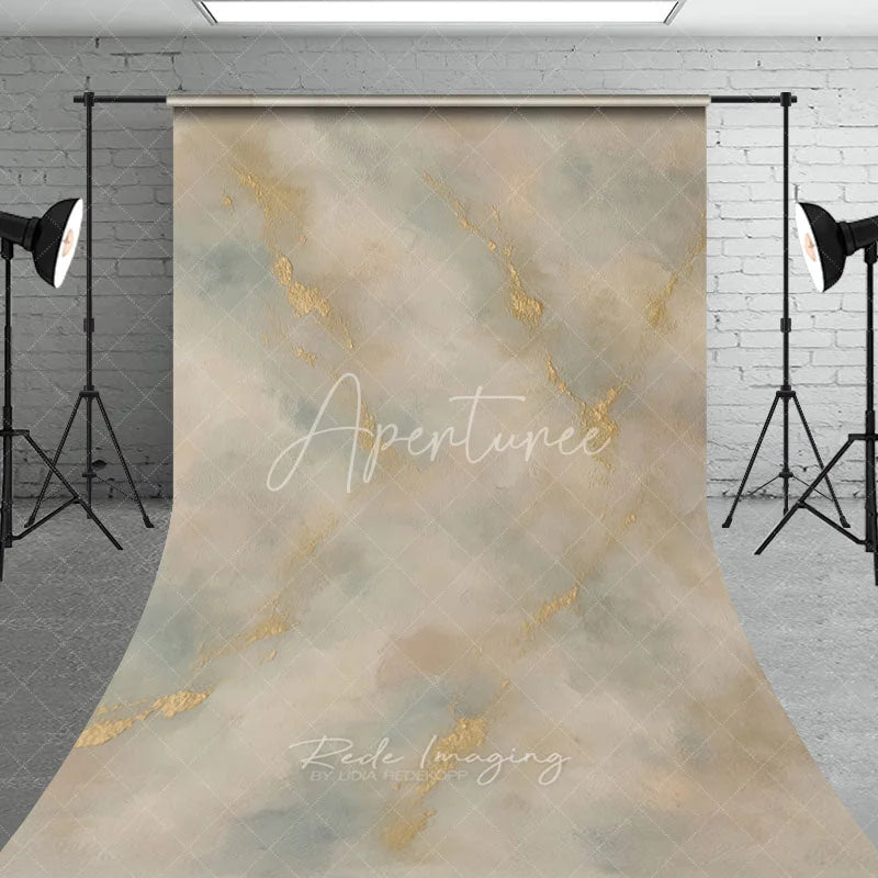 Aperturee - Aperturee Elegant Abstract Textured Sweep Backdrop Gold Accents and Soft Beige Blue Painterly Background