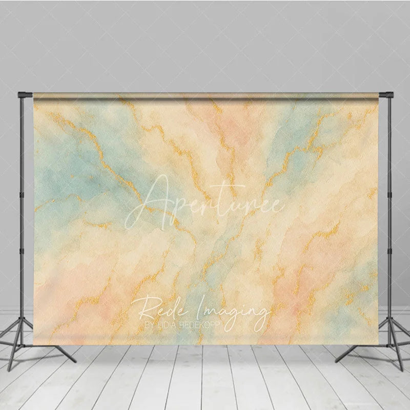 Aperturee - Aperturee Elegant Abstract Watercolor Photography Backdrop with Gold Veins Pastel Blue and Peach Artistic Studio Prop