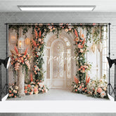 Aperturee - Aperturee Elegant Arched Door Peach Pink Floral Photography Backdrop Gold Detailing and Lanterns Wedding Event Party Decor