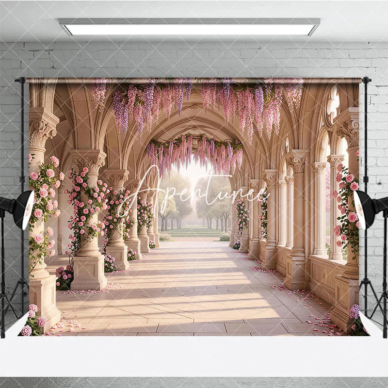 Aperturee - Aperturee Elegant Arched Hallway with Pink Roses and Purple Wisteria Photography Backdrop Dreamy Garden Wedding Party Decor