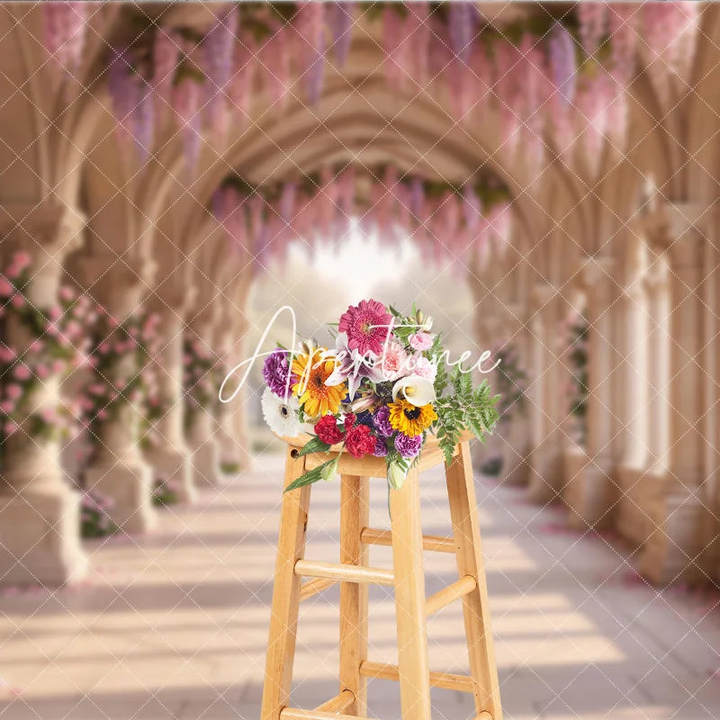 Aperturee - Aperturee Elegant Arched Hallway with Pink Roses and Purple Wisteria Photography Backdrop Dreamy Garden Wedding Party Decor