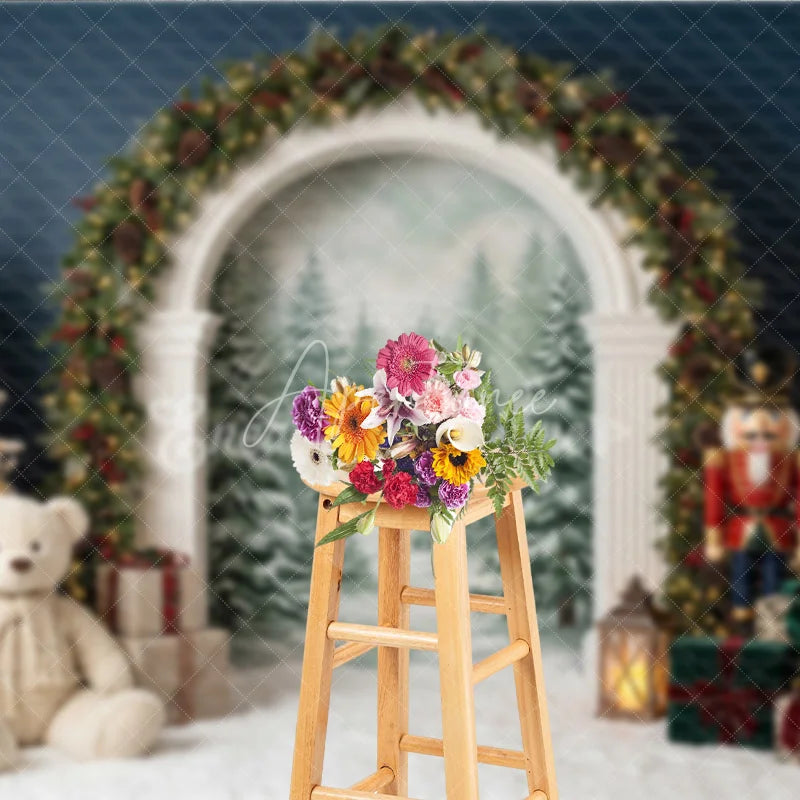 Aperturee - Aperturee Elegant Archway Holiday Backdrop Flocked Christmas Trees Nutcracker and Snowy Forest Scene for Festive Celebrations