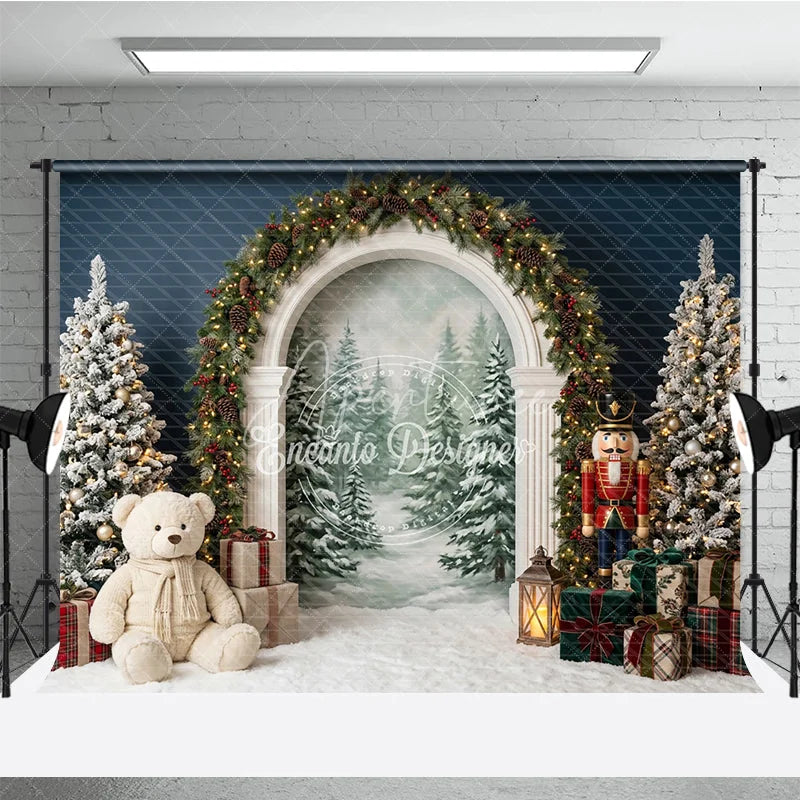 Aperturee - Aperturee Elegant Archway Holiday Backdrop Flocked Christmas Trees Nutcracker and Snowy Forest Scene for Festive Celebrations
