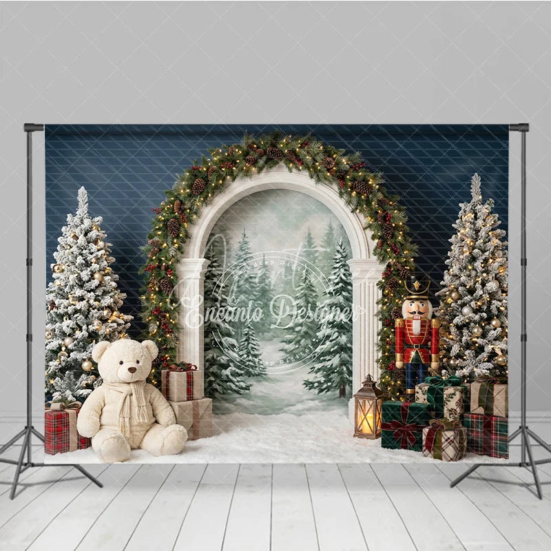 Aperturee - Aperturee Elegant Archway Holiday Backdrop Flocked Christmas Trees Nutcracker and Snowy Forest Scene for Festive Celebrations
