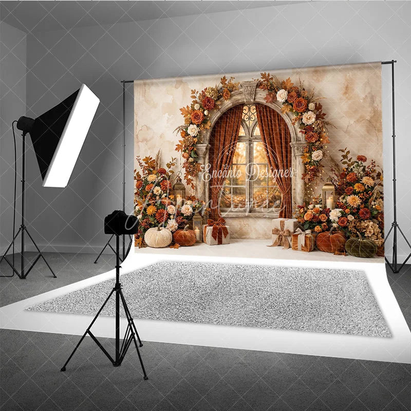 Aperturee - Aperturee Elegant Autumn Arched Window Photography Backdrop with Fall Leaves Pumpkins and Lanterns for Festive Decor