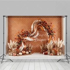 Aperturee - Aperturee Elegant Autumn Floral Arch Photography Backdrop with Pumpkins and Pampas Grass Fall Harvest Party Decor
