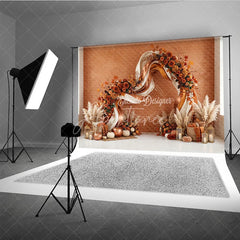 Aperturee - Aperturee Elegant Autumn Floral Arch Photography Backdrop with Pumpkins and Pampas Grass Fall Harvest Party Decor