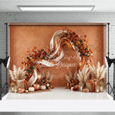 Aperturee - Aperturee Elegant Autumn Floral Arch Photography Backdrop with Pumpkins and Pampas Grass Fall Harvest Party Decor