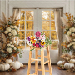 Aperturee - Aperturee Elegant Autumn Forest Photography Backdrop with Double Doors White Pumpkins and Pampas Grass Decor