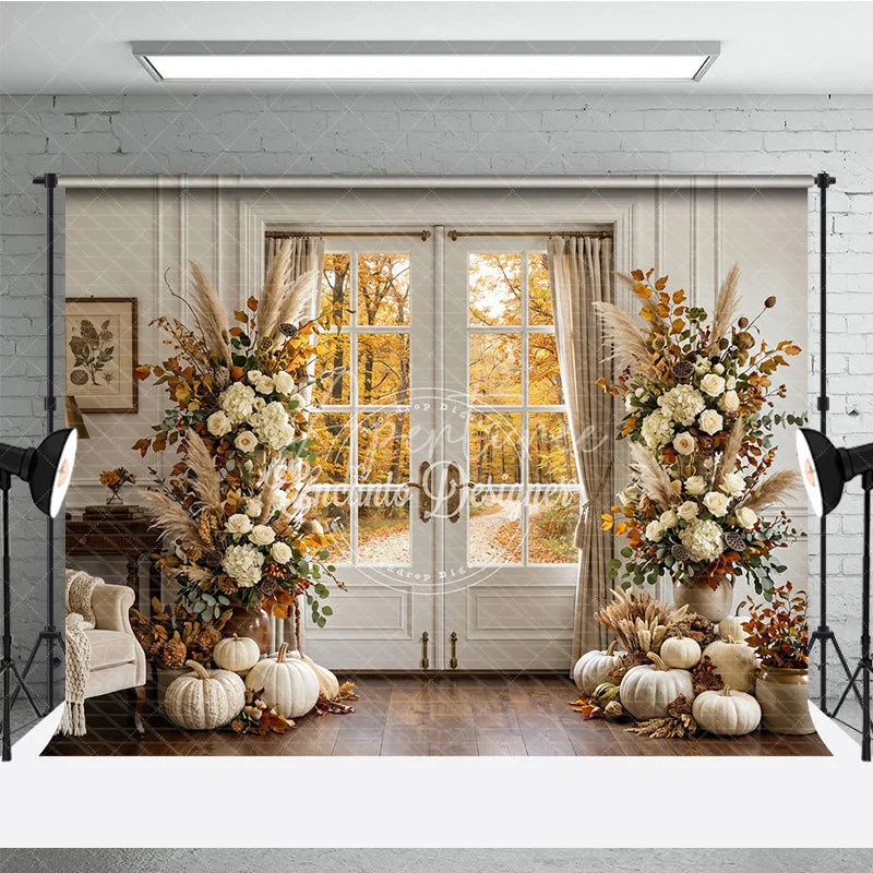 Aperturee - Aperturee Elegant Autumn Forest Photography Backdrop with Double Doors White Pumpkins and Pampas Grass Decor