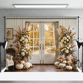 Aperturee - Aperturee Elegant Autumn Forest Photography Backdrop with Double Doors White Pumpkins and Pampas Grass Decor