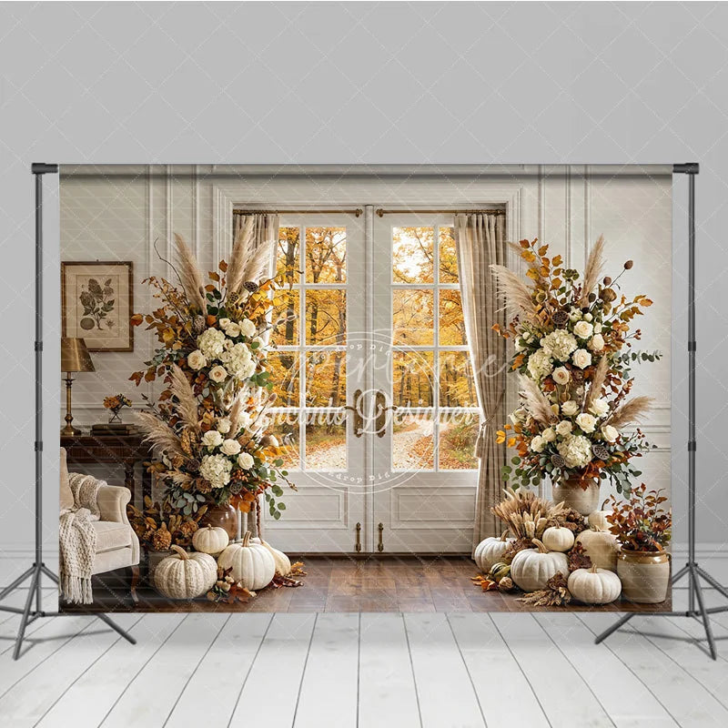 Aperturee - Aperturee Elegant Autumn Forest Photography Backdrop with Double Doors White Pumpkins and Pampas Grass Decor