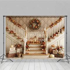 Aperturee - Aperturee Elegant Autumn Harvest Staircase Photography Backdrop with Pumpkins and Fall Decor Warm Tones for Thanksgiving
