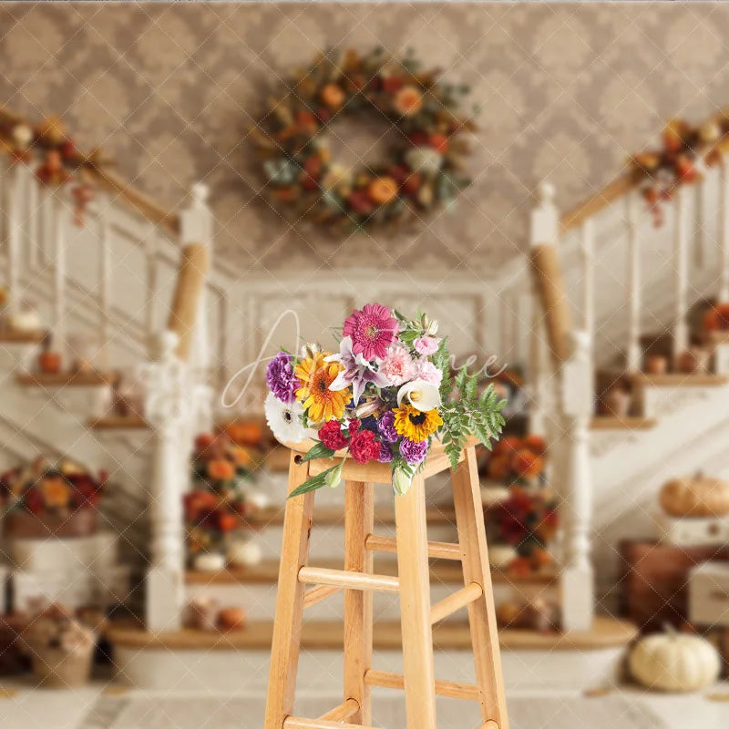 Aperturee - Aperturee Elegant Autumn Harvest Staircase Photography Backdrop with Pumpkins and Fall Decor Warm Tones for Thanksgiving