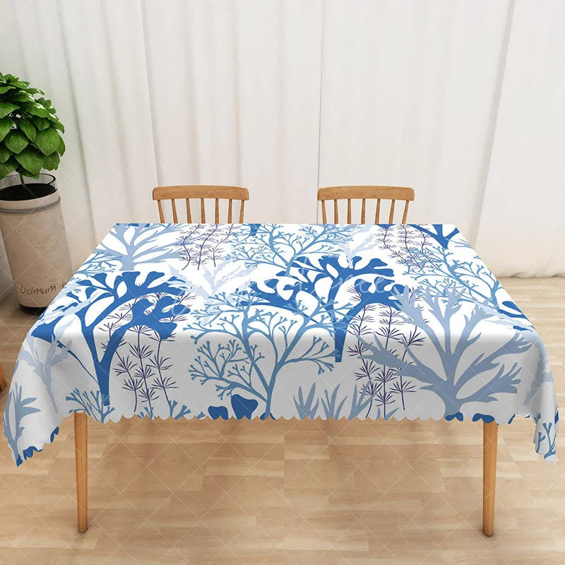 Aperturee - Aperturee Elegant Autumn Vibe Rectangle Tablecloth with Blue Botanical Plants for Moody Fall and Thanksgiving Decor