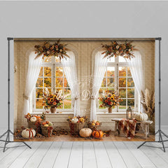 Aperturee - Aperturee Elegant Autumn Window Photography Backdrop with Golden Fall Foliage Pumpkins and Sunflowers