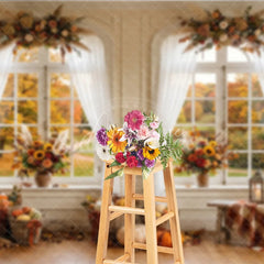 Aperturee - Aperturee Elegant Autumn Window Photography Backdrop with Golden Fall Foliage Pumpkins and Sunflowers