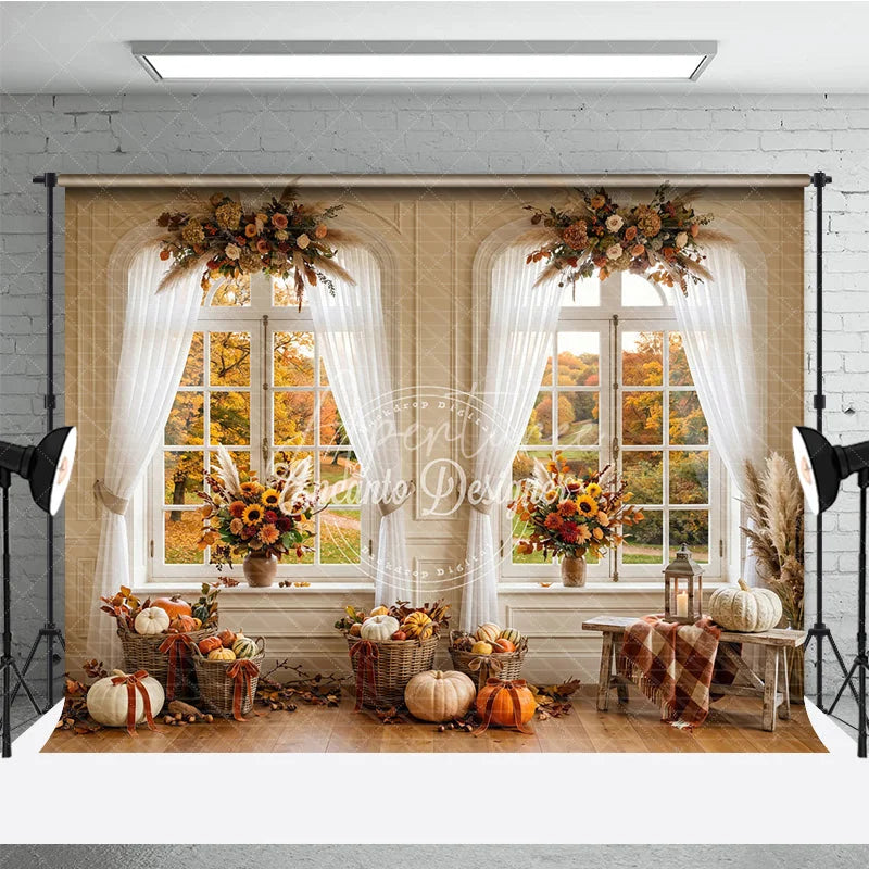 Aperturee - Aperturee Elegant Autumn Window Photography Backdrop with Golden Fall Foliage Pumpkins and Sunflowers