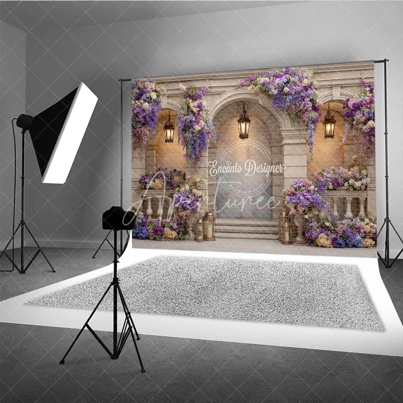 Aperturee - Aperturee Elegant Balcony Photography Backdrop with Purple Wisteria Architectural Columns Wedding Photo Background