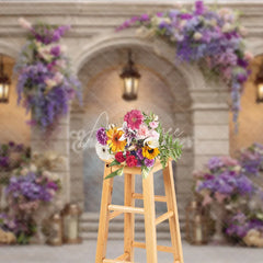 Aperturee - Aperturee Elegant Balcony Photography Backdrop with Purple Wisteria Architectural Columns Wedding Photo Background