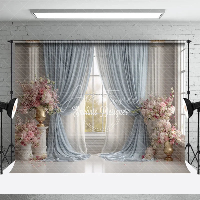 Aperturee - Aperturee Elegant Ballroom Photography Backdrop Blue Curtains with Pink Flowers Palace Wedding Photo Background