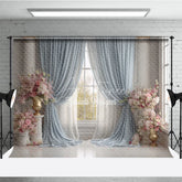 Aperturee - Aperturee Elegant Ballroom Photography Backdrop Blue Curtains with Pink Flowers Palace Wedding Photo Background