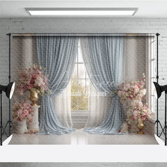 Aperturee - Aperturee Elegant Ballroom Photography Backdrop Blue Curtains with Pink Flowers Palace Wedding Photo Background