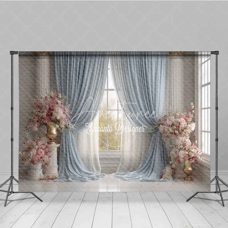 Aperturee - Aperturee Elegant Ballroom Photography Backdrop Blue Curtains with Pink Flowers Palace Wedding Photo Background