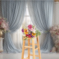 Aperturee - Aperturee Elegant Ballroom Photography Backdrop Blue Curtains with Pink Flowers Palace Wedding Photo Background