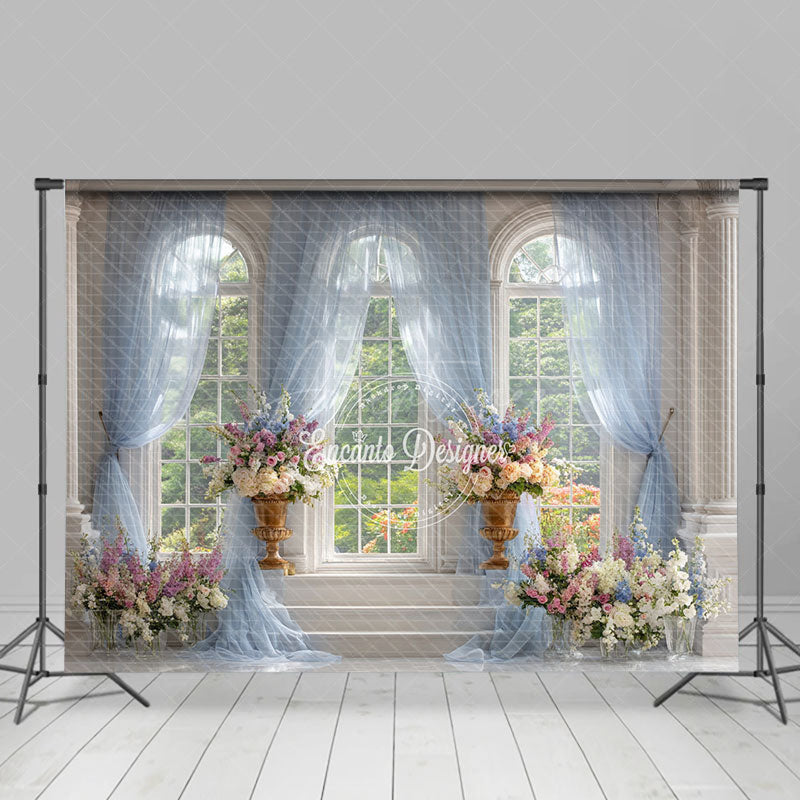 Aperturee - Aperturee Elegant Ballroom Photography Backdrop with Grand Windows Blue Drapes and Floral Classical Wedding Background