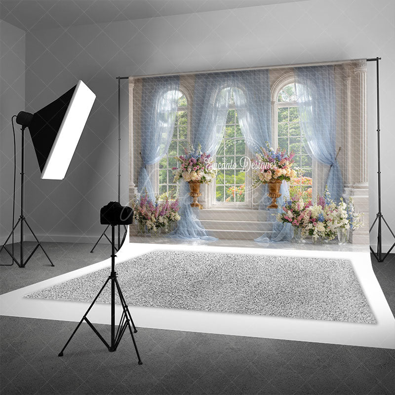 Aperturee - Aperturee Elegant Ballroom Photography Backdrop with Grand Windows Blue Drapes and Floral Classical Wedding Background