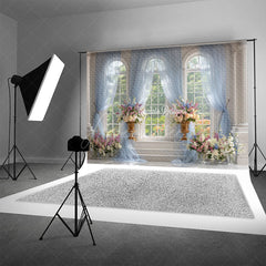 Aperturee - Aperturee Elegant Ballroom Photography Backdrop with Grand Windows Blue Drapes and Floral Classical Wedding Background