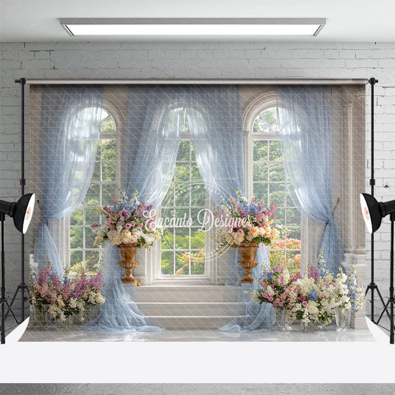 Aperturee - Aperturee Elegant Ballroom Photography Backdrop with Grand Windows Blue Drapes and Floral Classical Wedding Background