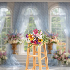 Aperturee - Aperturee Elegant Ballroom Photography Backdrop with Grand Windows Blue Drapes and Floral Classical Wedding Background
