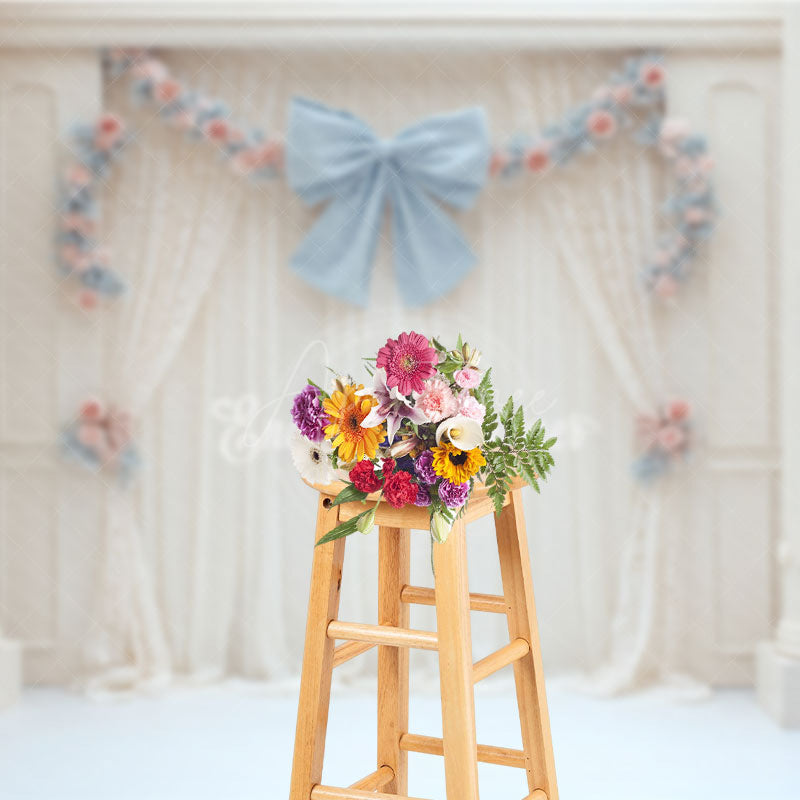 Aperturee - Aperturee Elegant Ballroom Photography Backdrop with White Columns Blue Bow and Floral Princess Themed Wedding Decor