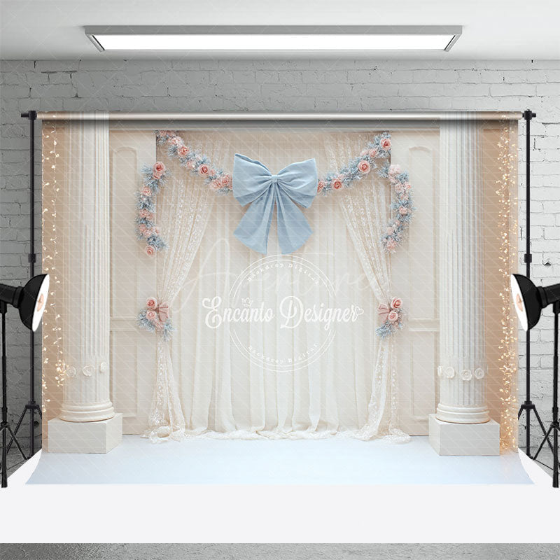 Aperturee - Aperturee Elegant Ballroom Photography Backdrop with White Columns Blue Bow and Floral Princess Themed Wedding Decor