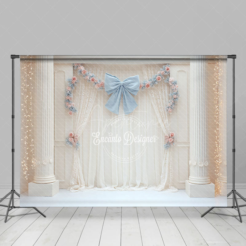 Aperturee - Aperturee Elegant Ballroom Photography Backdrop with White Columns Blue Bow and Floral Princess Themed Wedding Decor