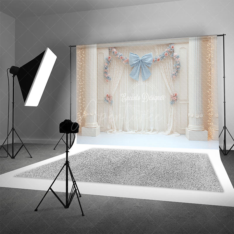 Aperturee - Aperturee Elegant Ballroom Photography Backdrop with White Columns Blue Bow and Floral Princess Themed Wedding Decor