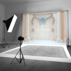Aperturee - Aperturee Elegant Ballroom Photography Backdrop with White Columns Blue Bow and Floral Princess Themed Wedding Decor