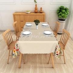 Aperturee - Aperturee Elegant Beige Floral and Butterfly Rectangle Tablecloth Scalloped Hem Dining Decor