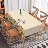 Aperturee - Aperturee Elegant Beige Floral and Butterfly Rectangle Tablecloth Scalloped Hem Dining Decor